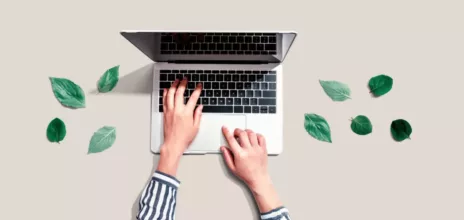 Person using a laptop computer with green leaves