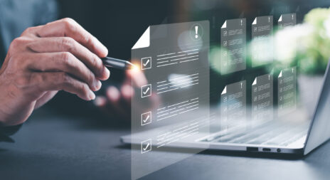 Businessman checking the steps through a virtual online document