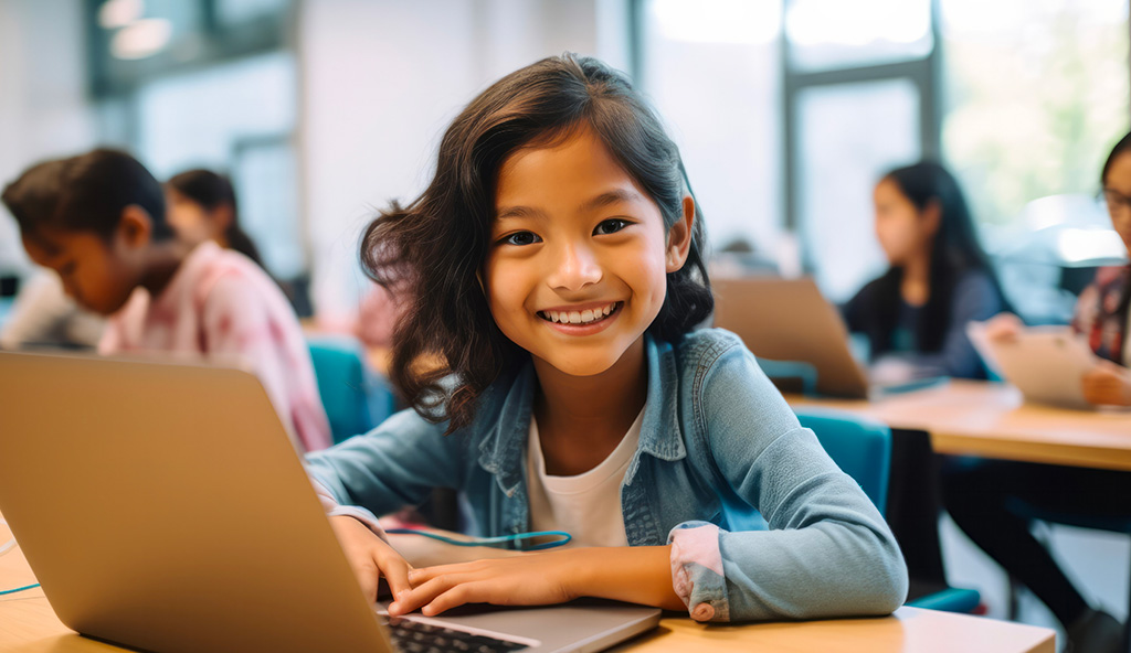 petite fille et ordinateur à l'école