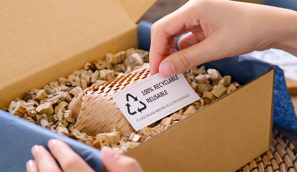 Une main tient un petit papier où il est écrit 3100 % recyclable et reusable" en ouvrant un colis.  