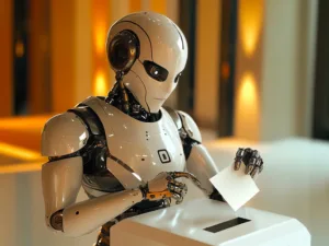 Un robot met une enveloppe dans une urne pour symboliser le vote via des techno d'IA.