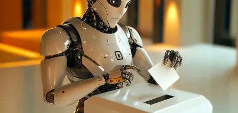 Un robot met une enveloppe dans une urne pour symboliser le vote via des techno d'IA.