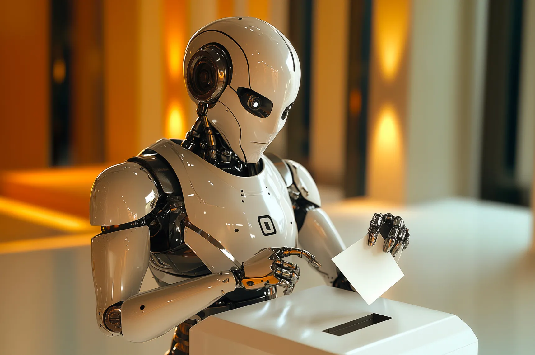 Revue de presse OpenStudio – avril 2025 Un robot met une enveloppe dans une urne pour symboliser le vote via des techno d'IA.
