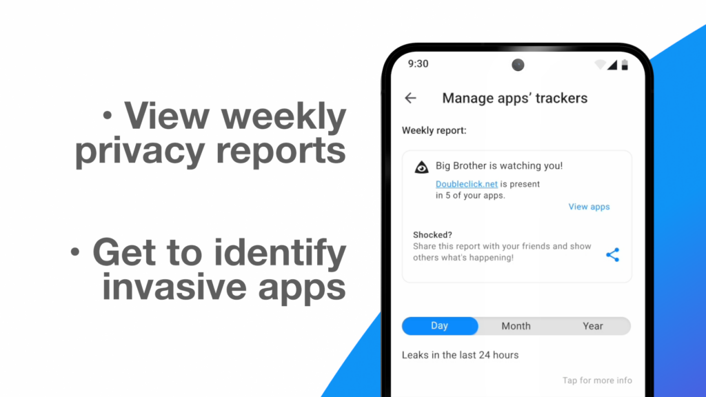 Impression écran du système de Manage app's Trackers du système de Murena. Il est écrit à côté : 
- View weekly privacy reports;
- Get to identify invasive apps.