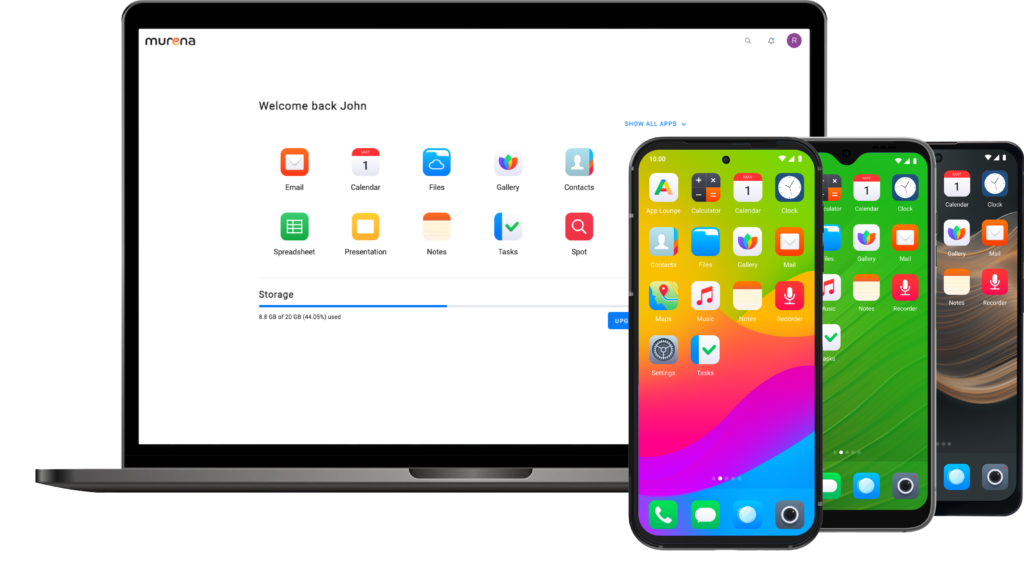 Un ordinateur et trois smartphones affichant tous les applications disponibles sur Murena, avec des fonds différents.